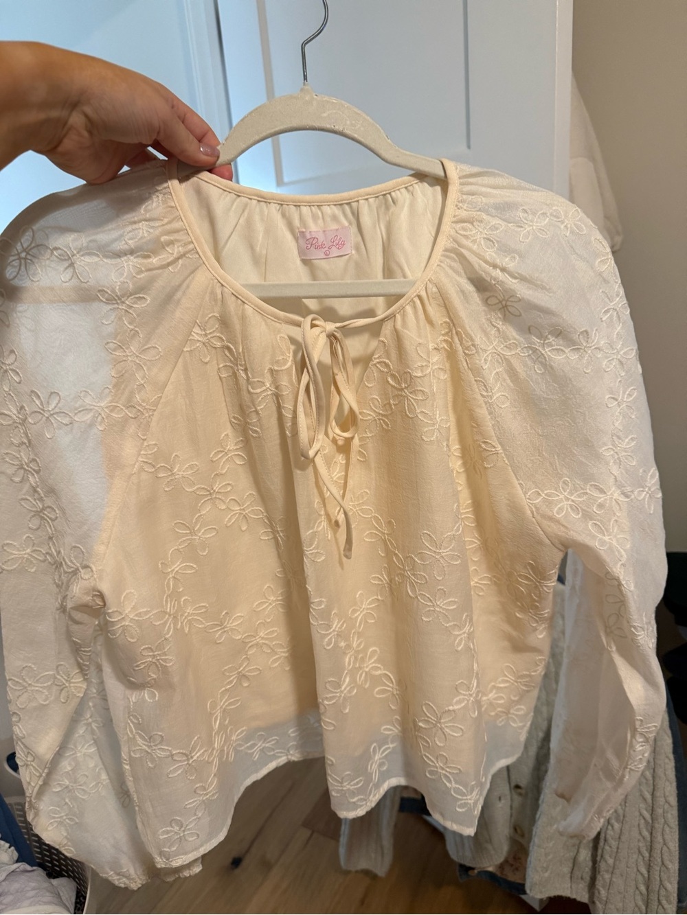 Pink Lily Cream Eyelet Tie-Neck Blouse